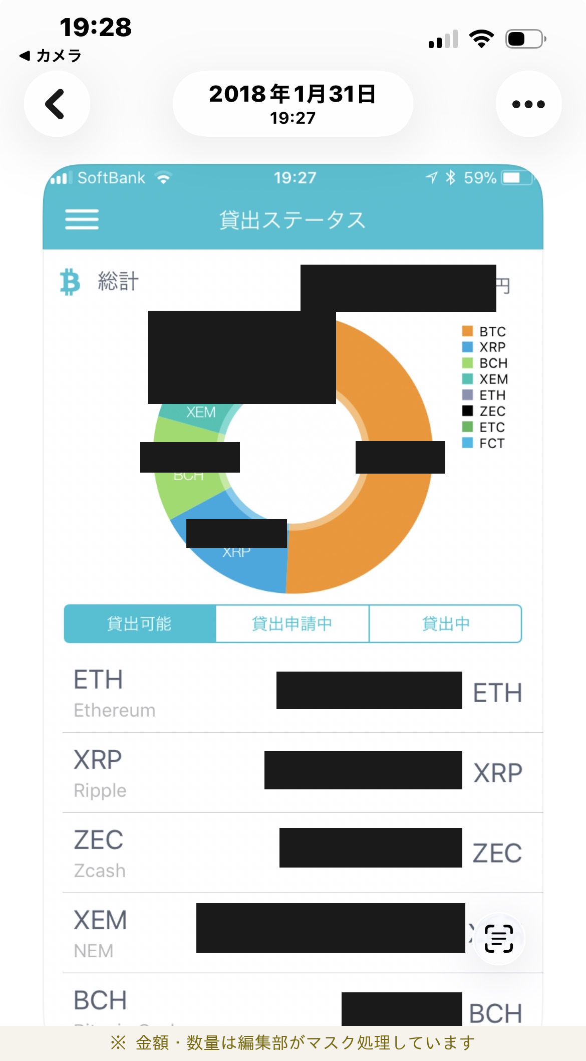 2018年1月31日 Coincheck事件5日後の編集長の貸出ステータス画面（金額・数量は編集部マスク処理済）